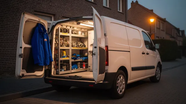 Bestelwagen van een verwarmingstechnicus, onderweg in de avond